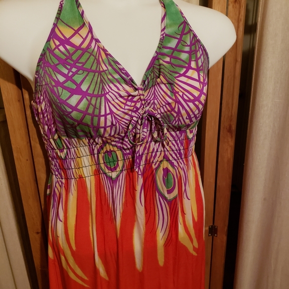 ❤Flowy Orange Peacock Feather Print Maxi Dress - Picture 4 of 8